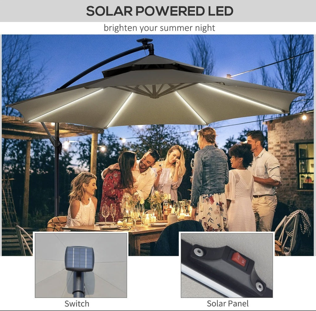 3m Cantilever Garden Parasol with Double Roof & LED Solar Lights – Black