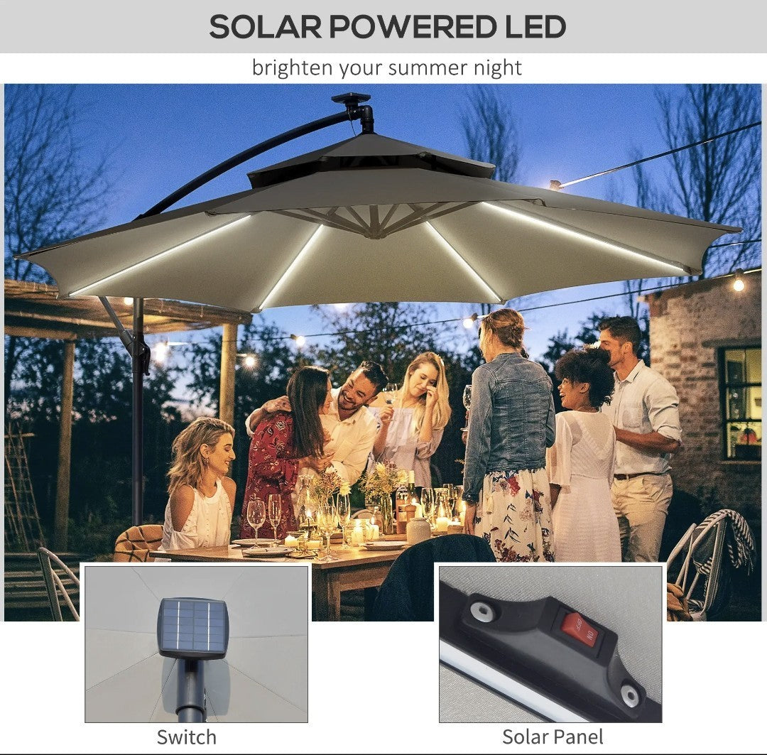 3m Cantilever Garden Parasol with Double Roof & LED Solar Lights – Black