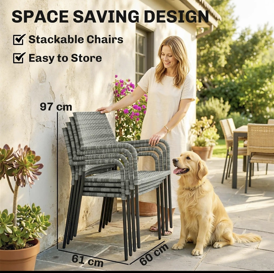 4-Seater Rattan Dining Set with Parasol – 6 Piece, Grey | Stackable Chairs
