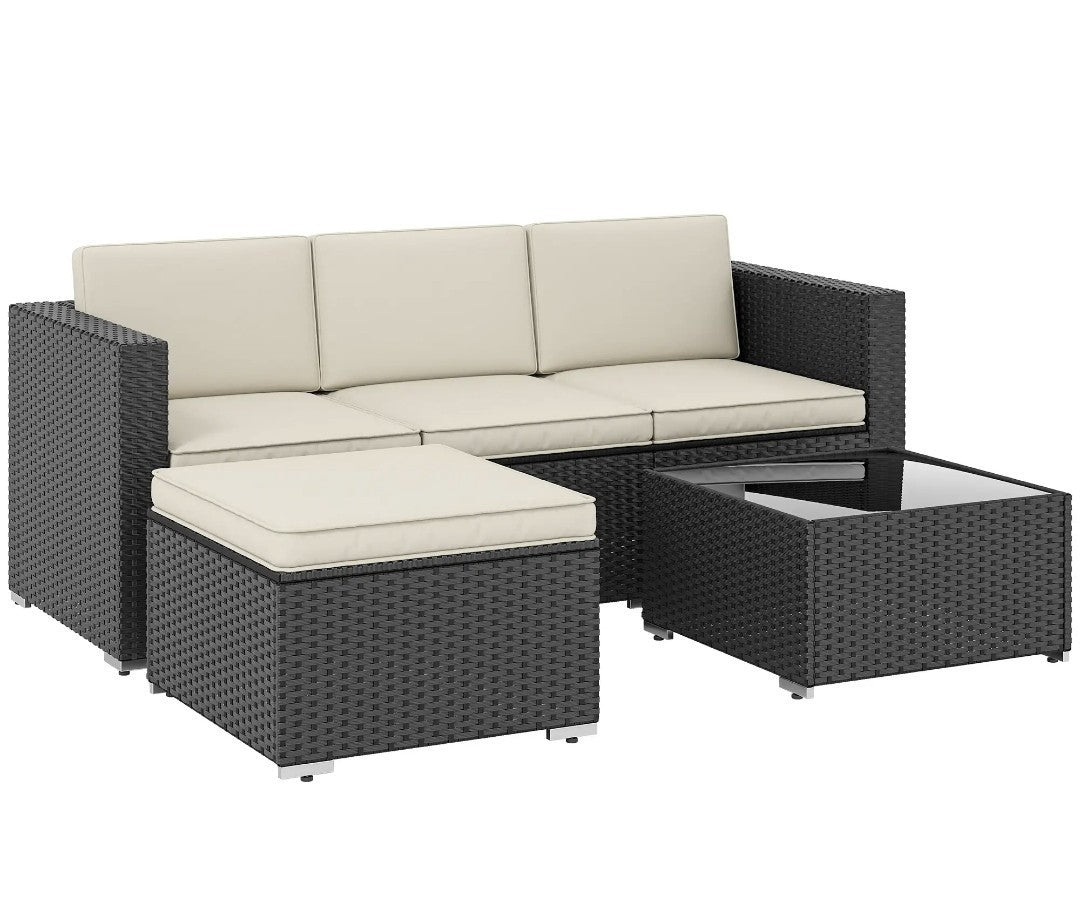 3-Piece PE Rattan Corner Sofa Set with Cushions | Black