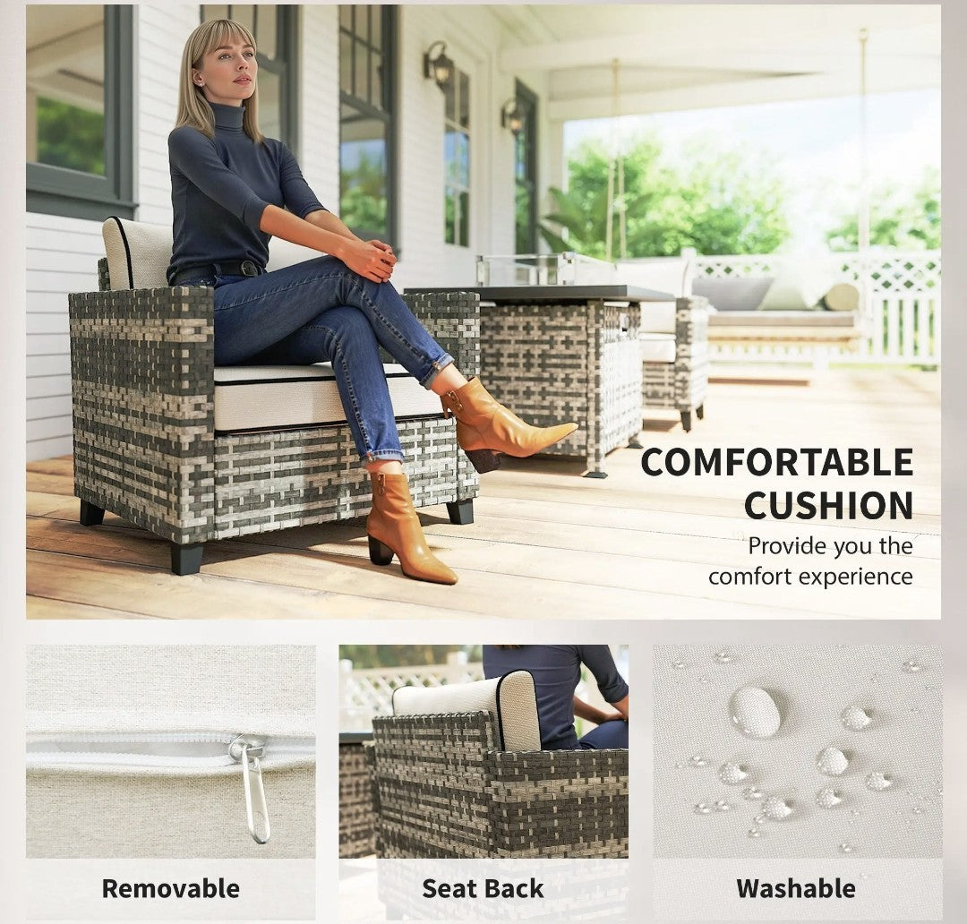 5-Piece Rattan Garden Sofa Set with Gas Fire Pit Table – Grey
