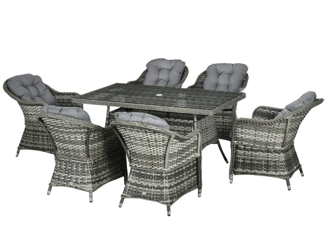 7-Piece Rattan Garden Dining Set – Grey | 6-Seater with Tempered Glass & Parasol Hole