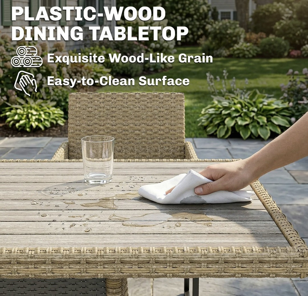 7-Piece Rattan Garden Dining Set – Light Brown | 6-Seater with Wood-Plastic Table & Cushions