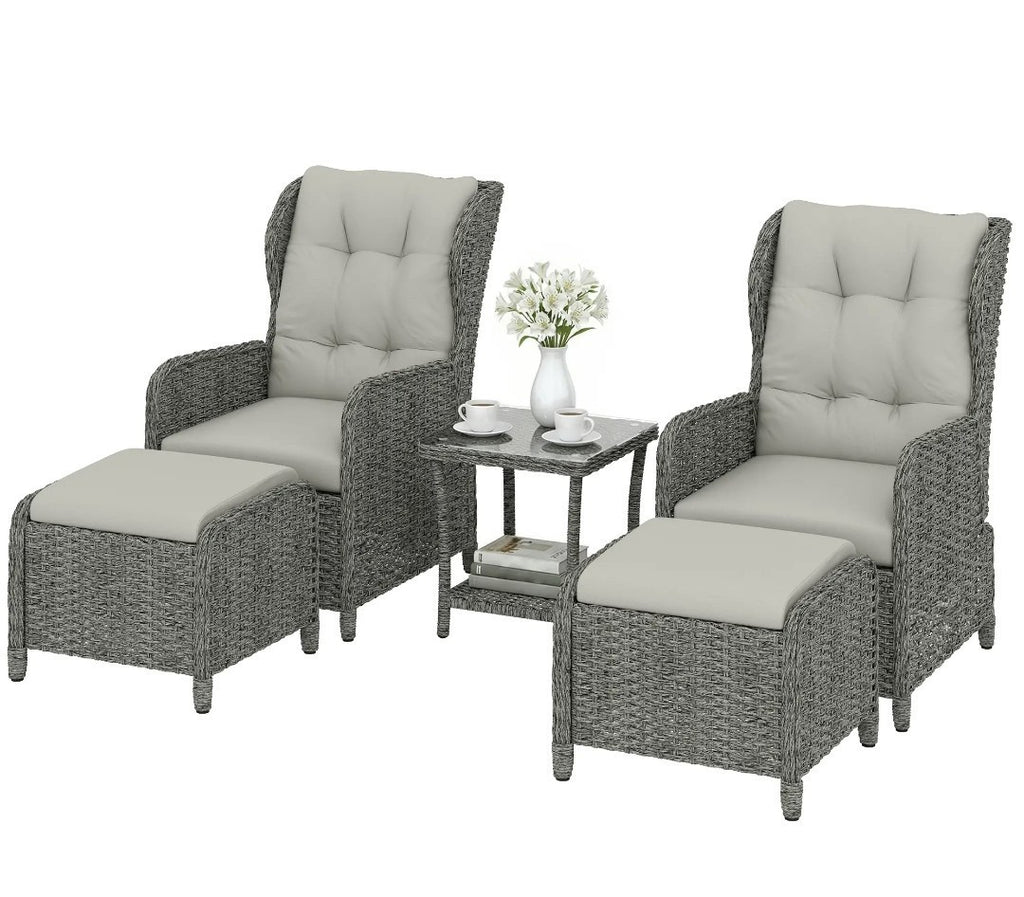 5-Piece Rattan Garden Set | Reclining Chairs, Footstools & Cushions, Grey