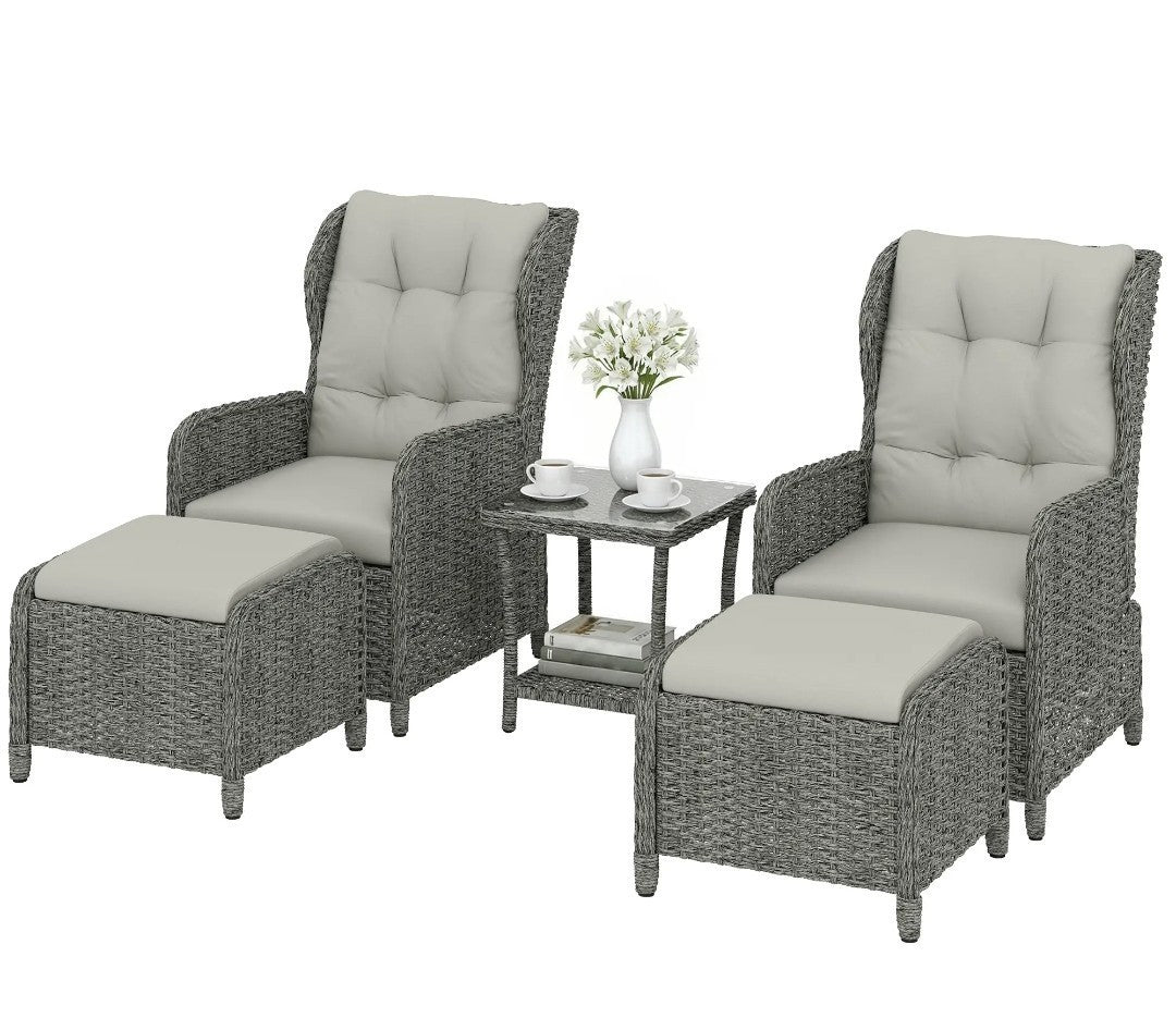 5-Piece Rattan Garden Set | Reclining Chairs, Footstools & Cushions, Grey