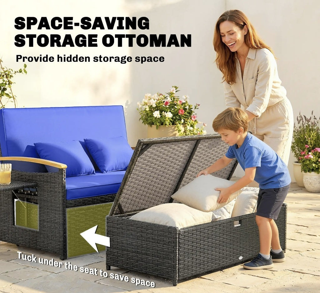 Double Rattan Garden Daybed | Wicker Sun Lounger with Storage Ottoman | Brown