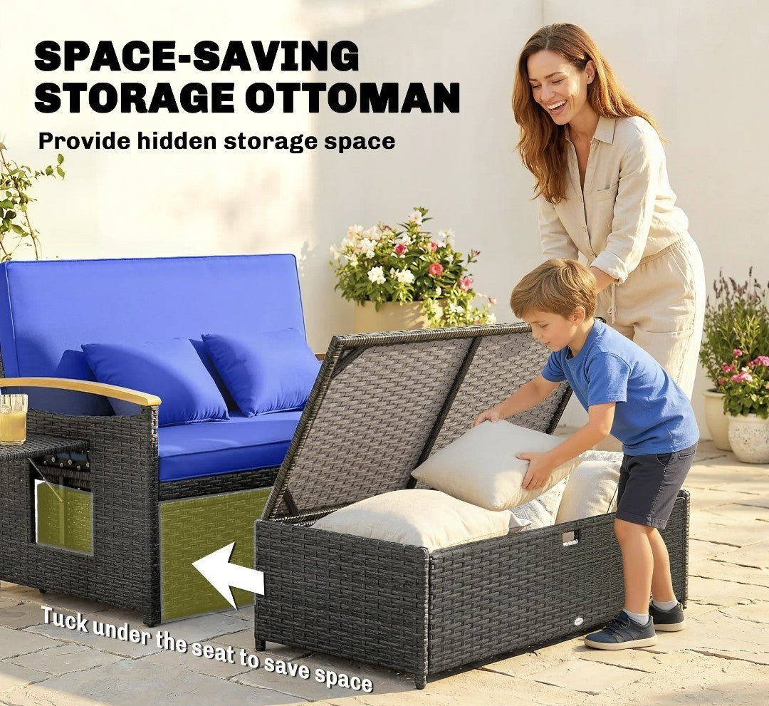 Double Rattan Garden Daybed | Wicker Sun Lounger with Storage Ottoman | Brown