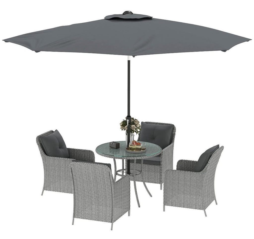 4-Seater Rattan Dining Set with Parasol & Cushions – Light Grey