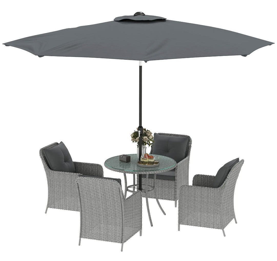 4-Seater Rattan Dining Set with Parasol & Cushions – Light Grey