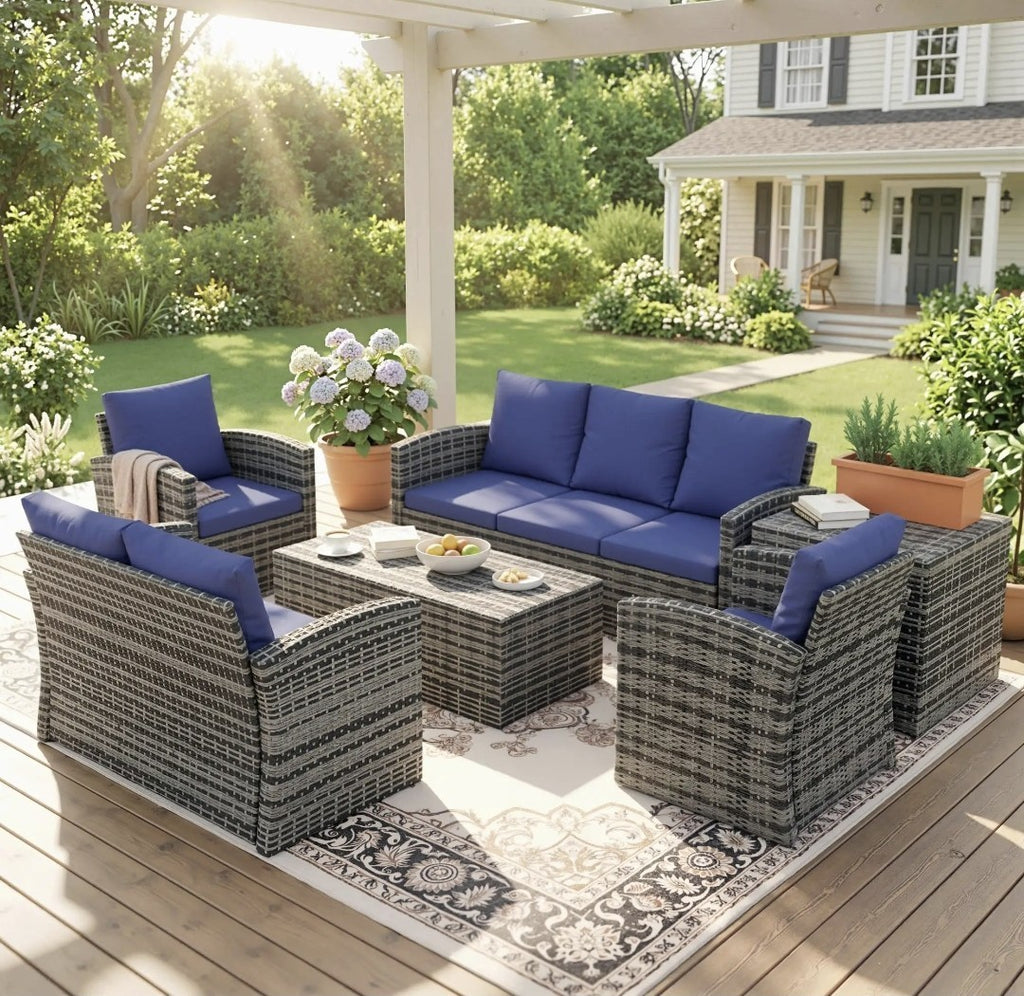 7-Seater Rattan Garden Sofa Set | 6-Piece Outdoor Furniture with Storage Tables – Brown & Blue