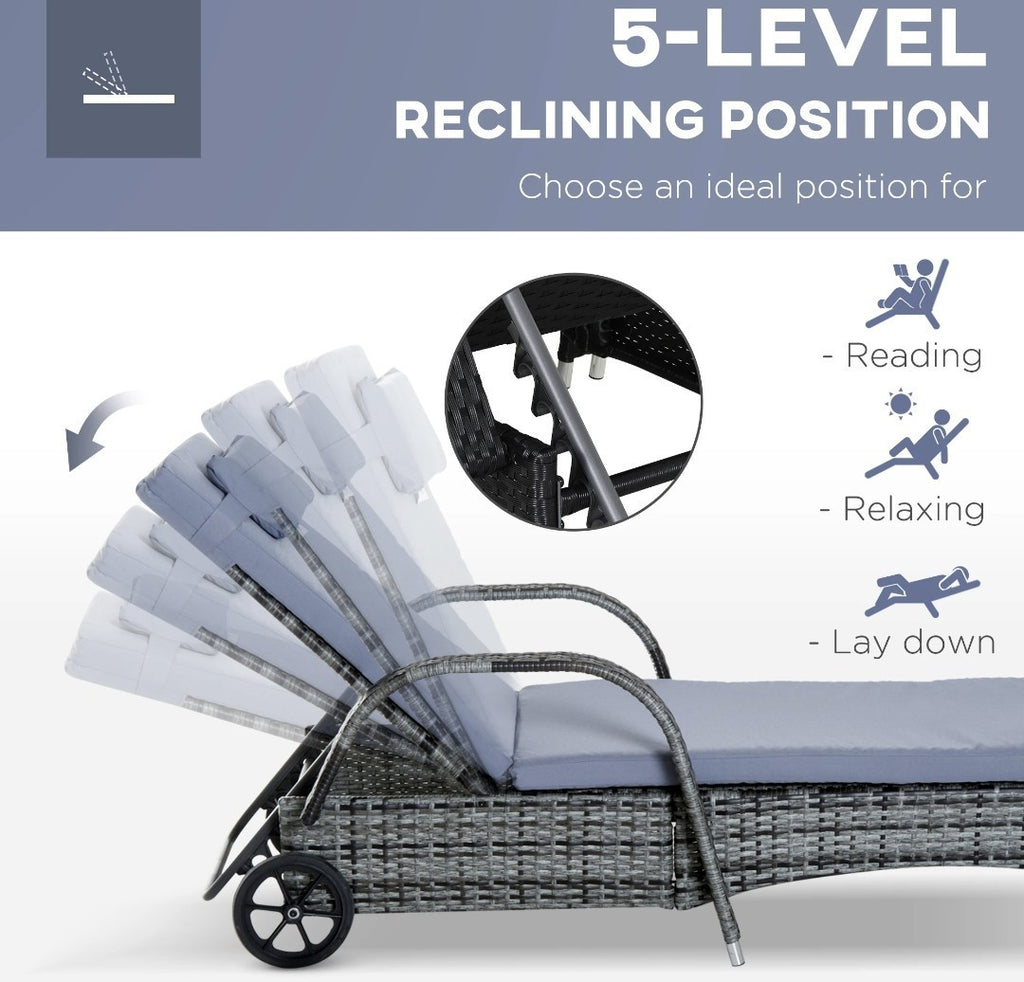 3-Piece Rattan Sun Lounger Set | Wicker Wheeling Recliner Garden Loungers | PE Rattan