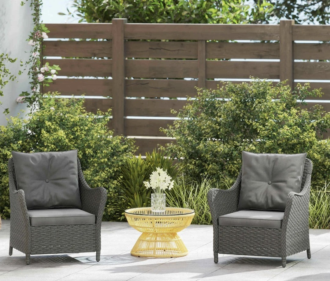 2 High-Back Rattan Garden Armchairs | PE Wicker, Steel Frame & Cushions | Dark Grey