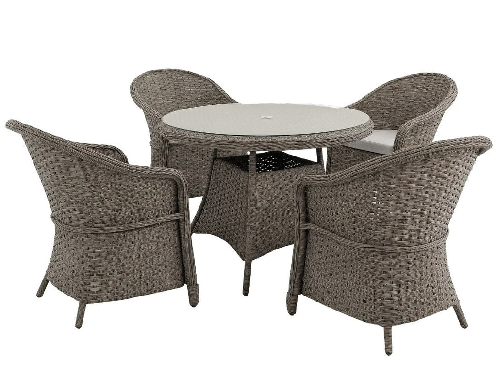 4-Seater Round PE Rattan Dining Set – Grey | FSC Certified with Glass Table & Cushions