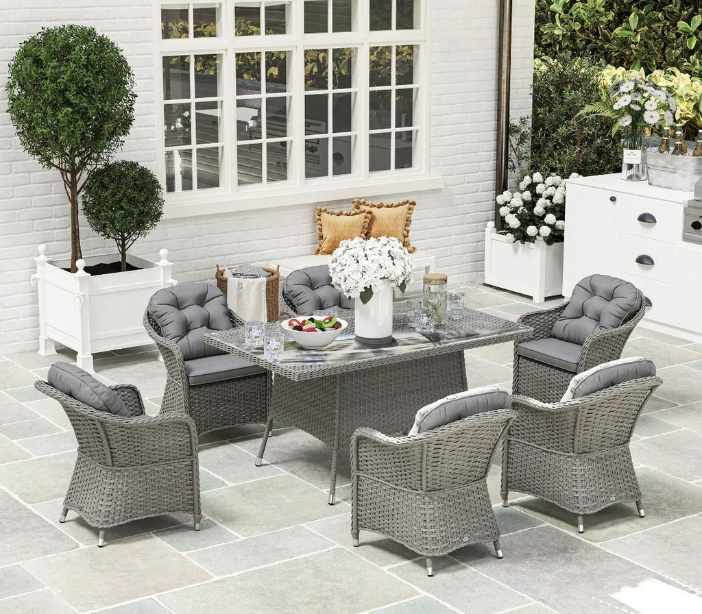 7-Piece Rattan Garden Dining Set with Glass Table – Light Grey
