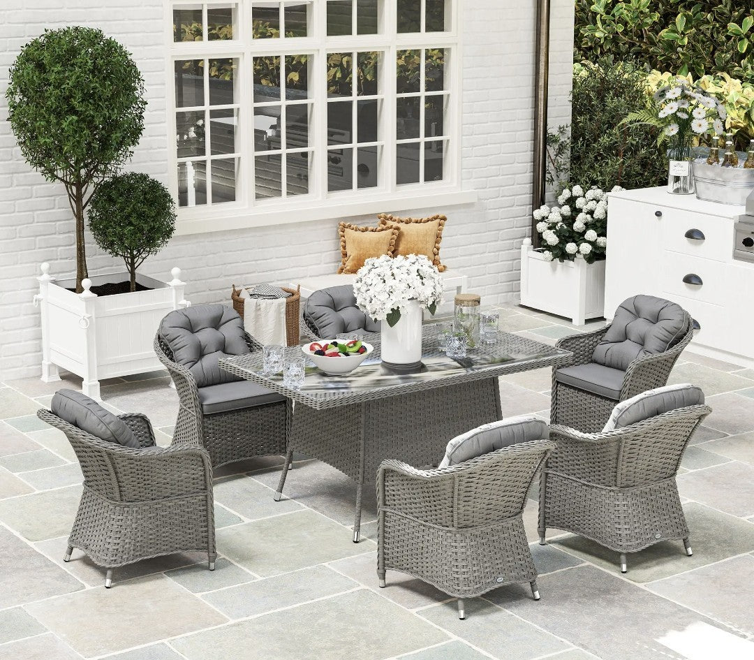 7-Piece Rattan Garden Dining Set with Glass Table – Light Grey