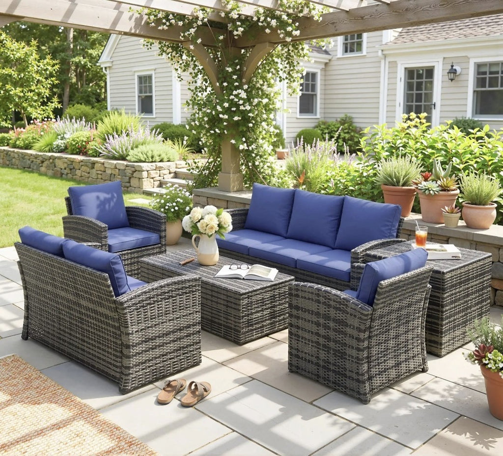 7-Seater Rattan Garden Sofa Set | 6-Piece Outdoor Furniture with Storage Tables – Brown & Blue