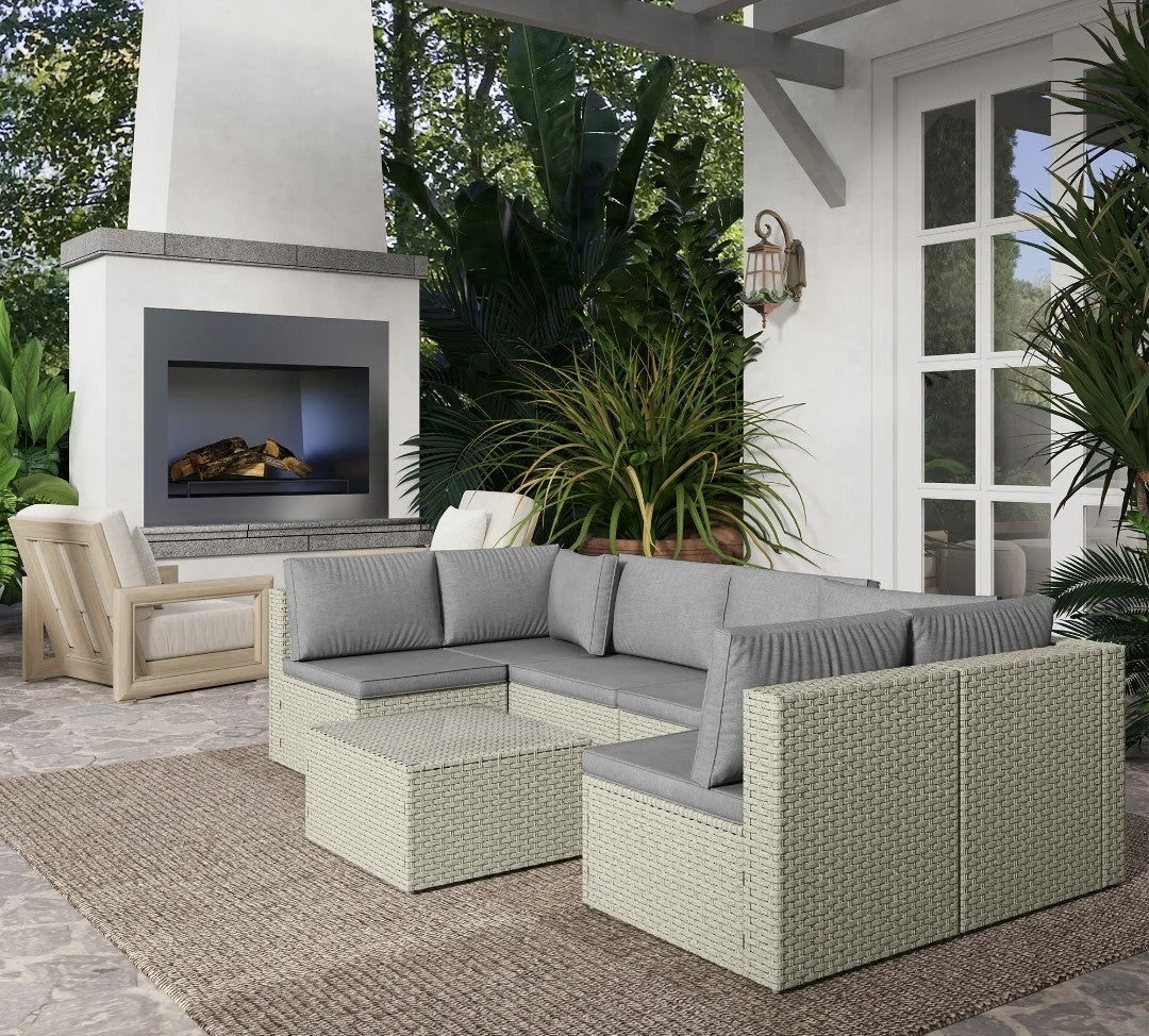 7-Piece Modular Rattan Garden Set | Light Brown Outdoor Patio Furniture