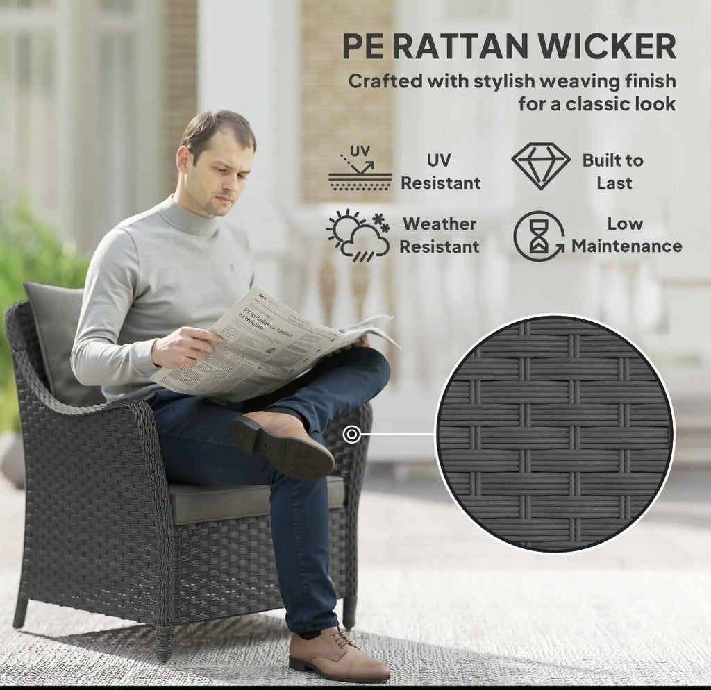 2 High-Back Rattan Garden Armchairs | PE Wicker, Steel Frame & Cushions | Dark Grey