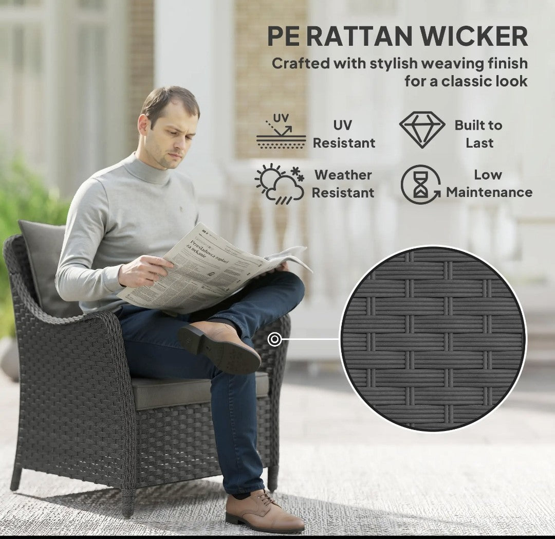 2 High-Back Rattan Garden Armchairs | PE Wicker, Steel Frame & Cushions | Dark Grey
