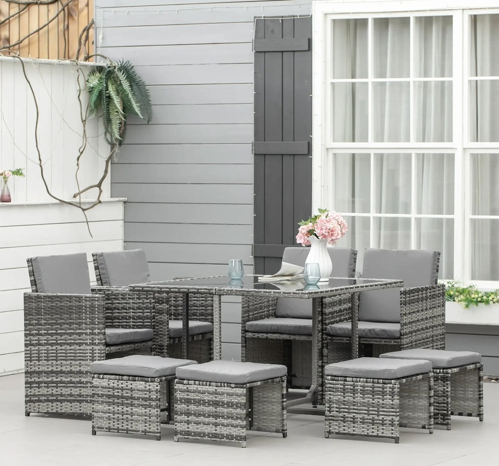 9-Piece 8-Seater Rattan Garden Dining Set with Wicker Table – Grey