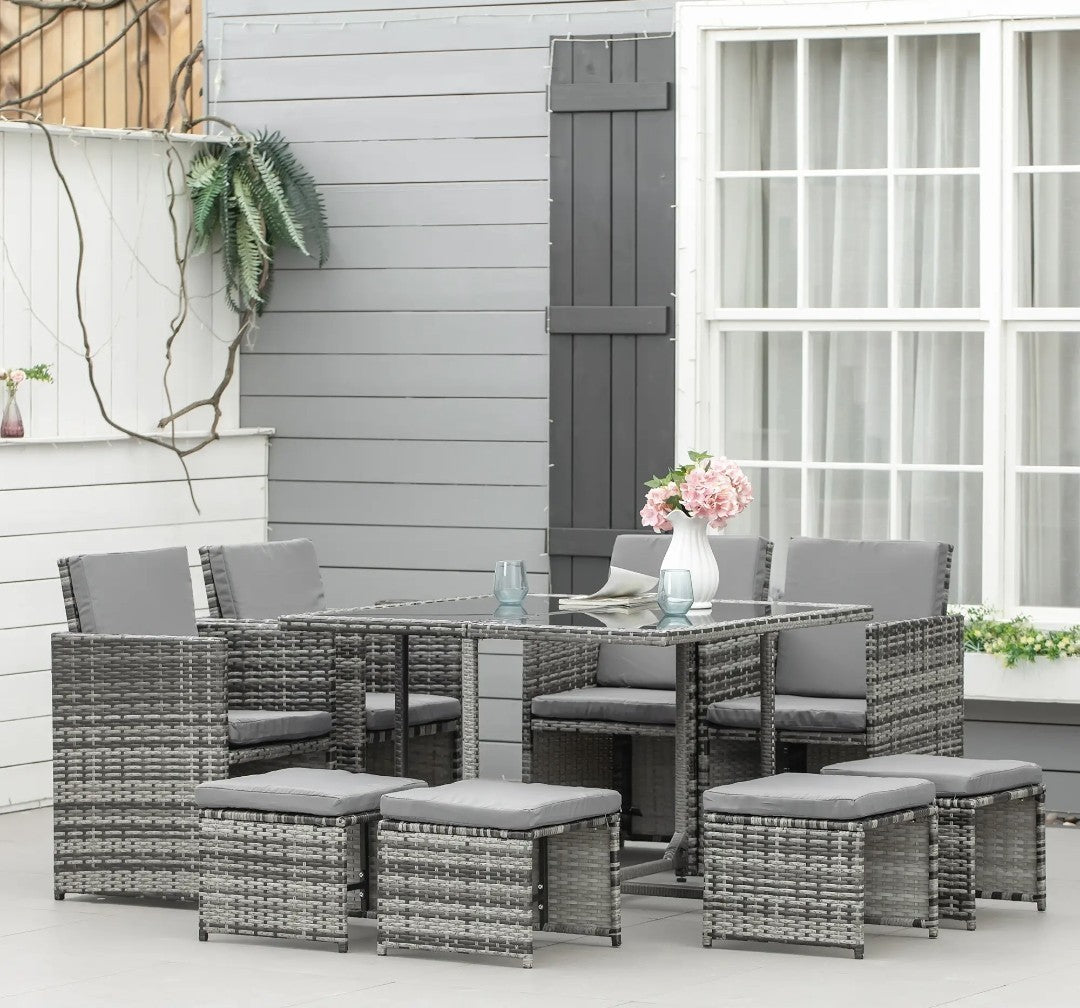9-Piece 8-Seater Rattan Garden Dining Set with Wicker Table – Grey