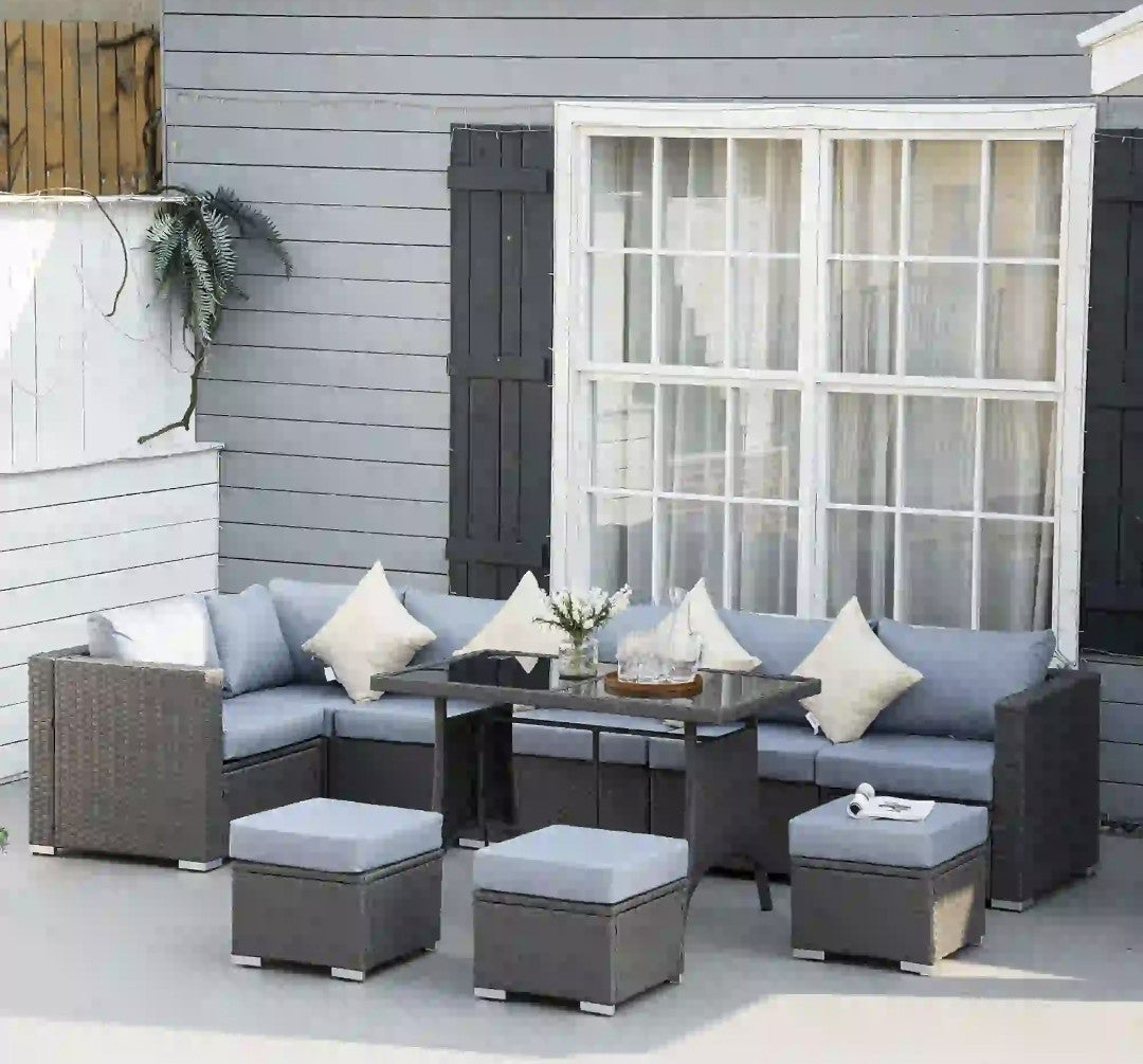 9-Seater Rattan Corner Dining & Sofa Set | 10-Piece Outdoor Garden Furniture