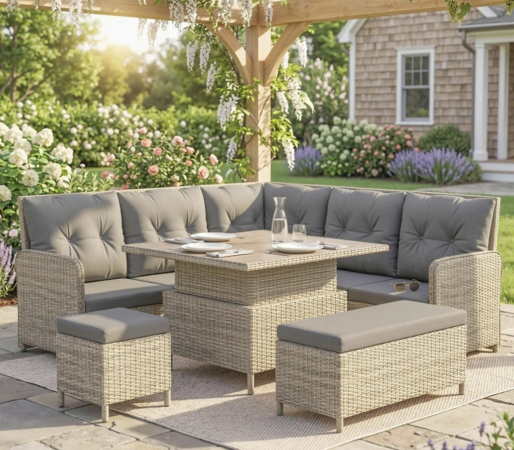 7-Seater Rattan Garden Furniture Set | 6-Piece Patio Sofa Set with Liftable Coffee Table – Light Grey