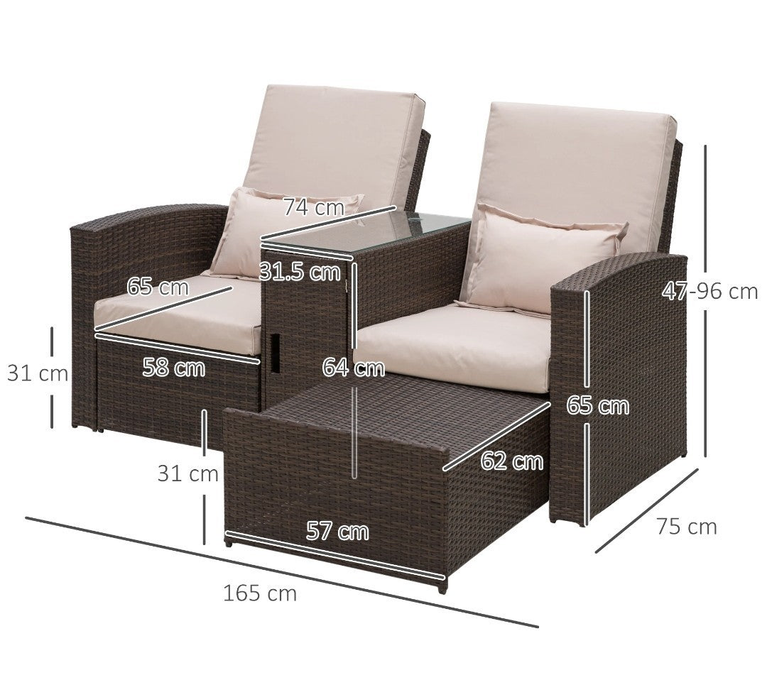 2-Seater Rattan Sofa Lounger Set – Brown & Beige | 5-Position Recliner