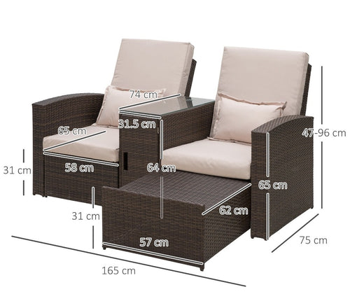 2-Seater Rattan Sofa Lounger Set – Brown & Beige | 5-Position Recliner