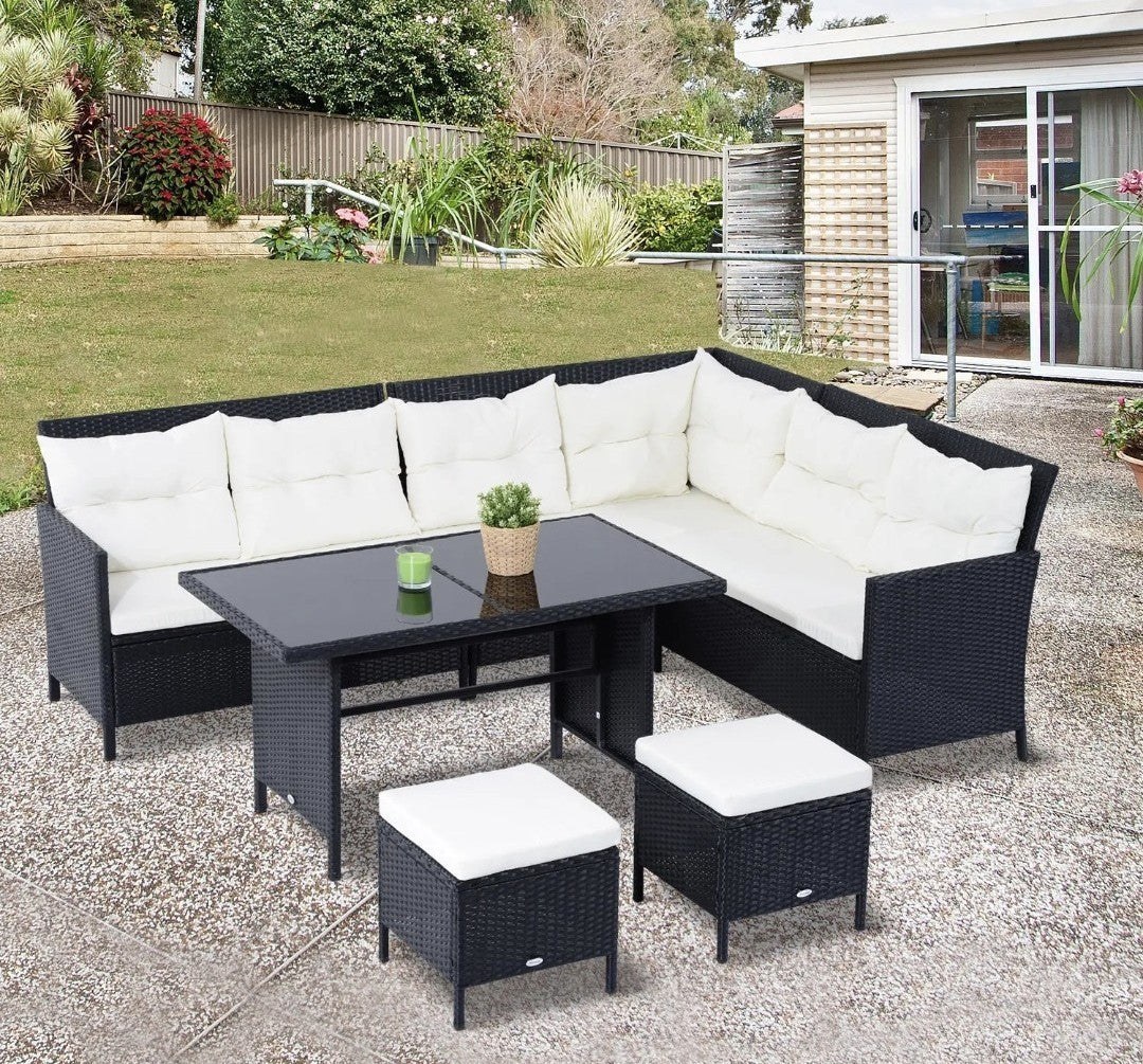 8-Seater Rattan Corner Garden Furniture Set with Table & Cushions | Black