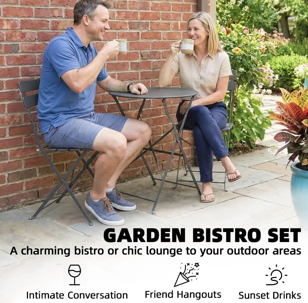 Folding Garden Bistro Set | Round Table & 2 Chairs | Grey Metal