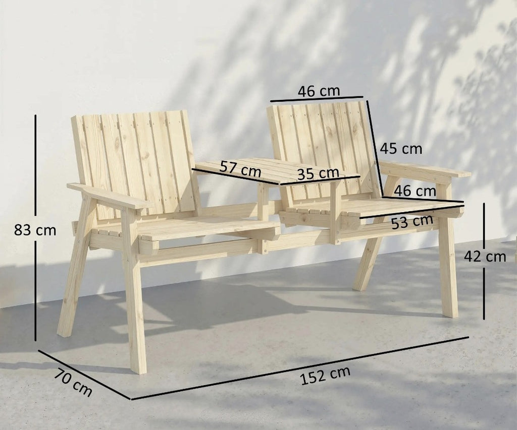 2-Seater Garden Loveseat with Middle Table | Wood Finish Patio Furniture