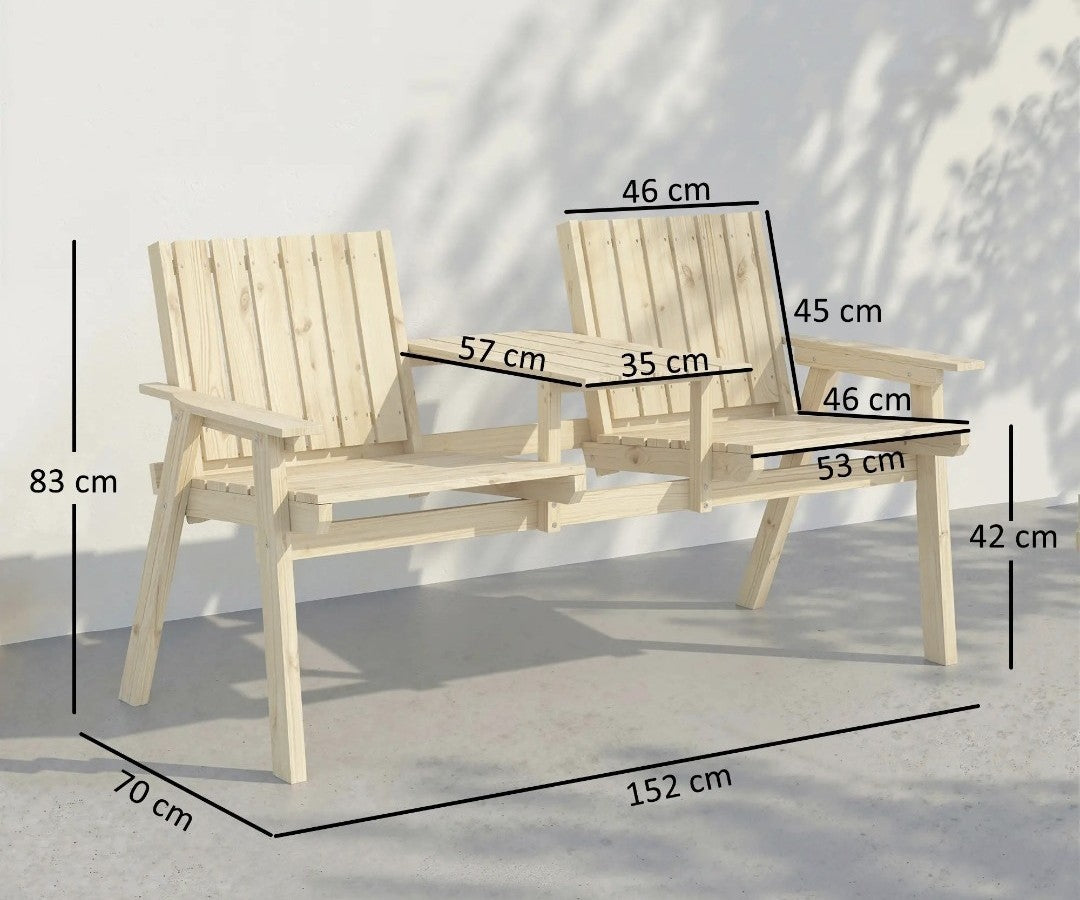 2-Seater Garden Loveseat with Middle Table | Wood Finish Patio Furniture