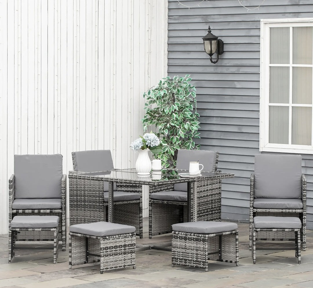 9-Piece 8-Seater Rattan Garden Dining Set with Wicker Table – Grey