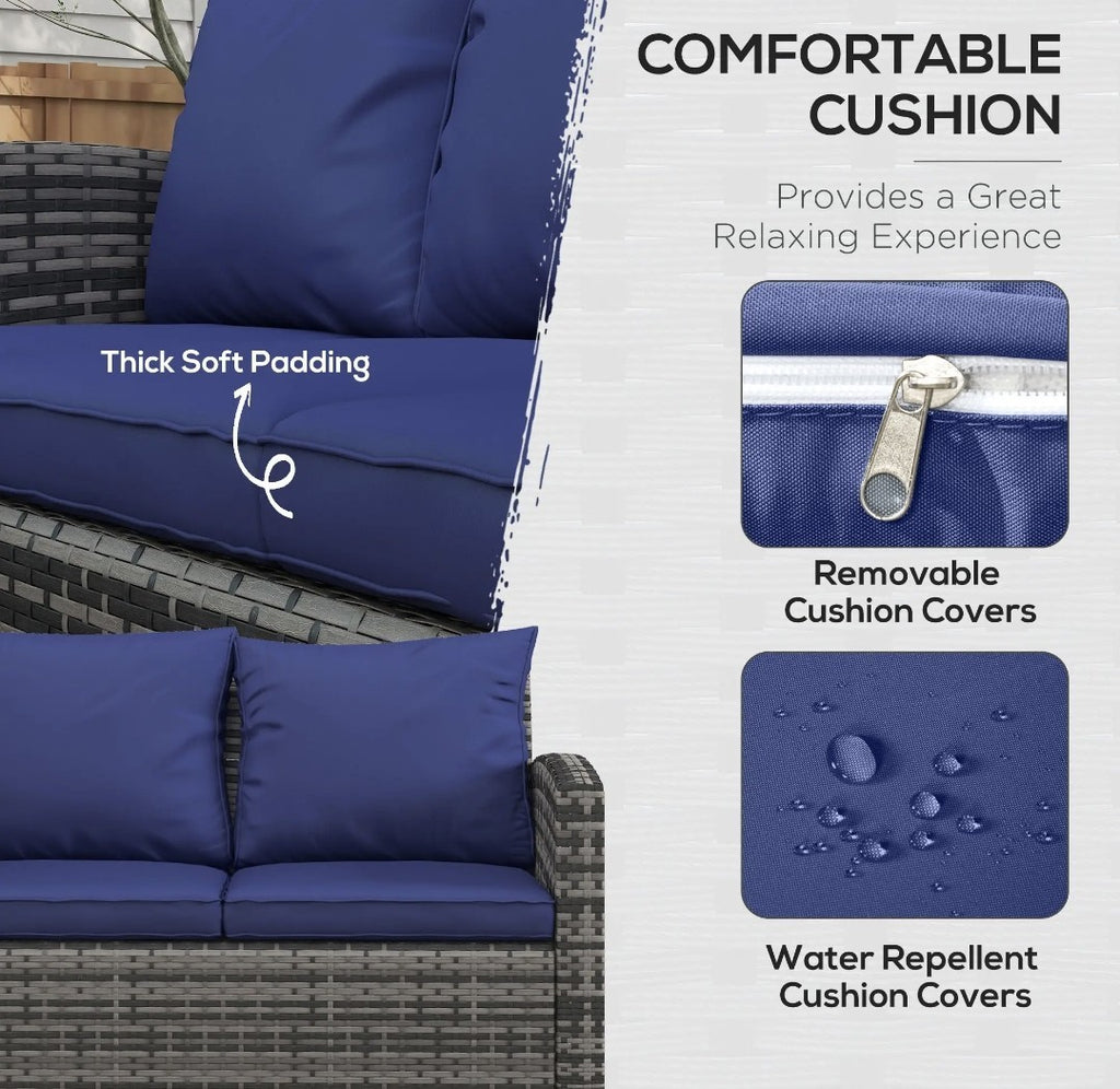 7-Seater Rattan Garden Sofa Set | 6-Piece Outdoor Furniture with Storage Tables – Brown & Blue