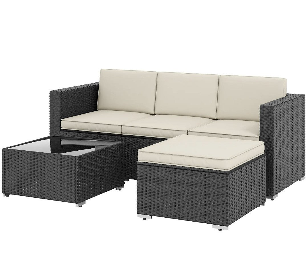 3-Piece PE Rattan Corner Sofa Set with Cushions | Black