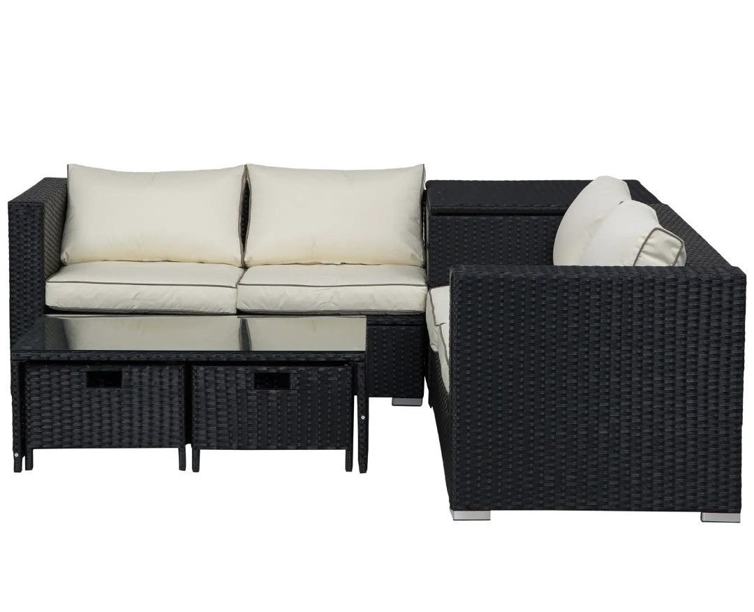 4-Seater Rattan Garden Set with Storage Box & 2-Drawer Coffee Table | Black