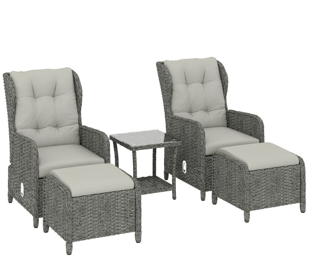 5-Piece Rattan Garden Set | Reclining Chairs, Footstools & Cushions, Grey