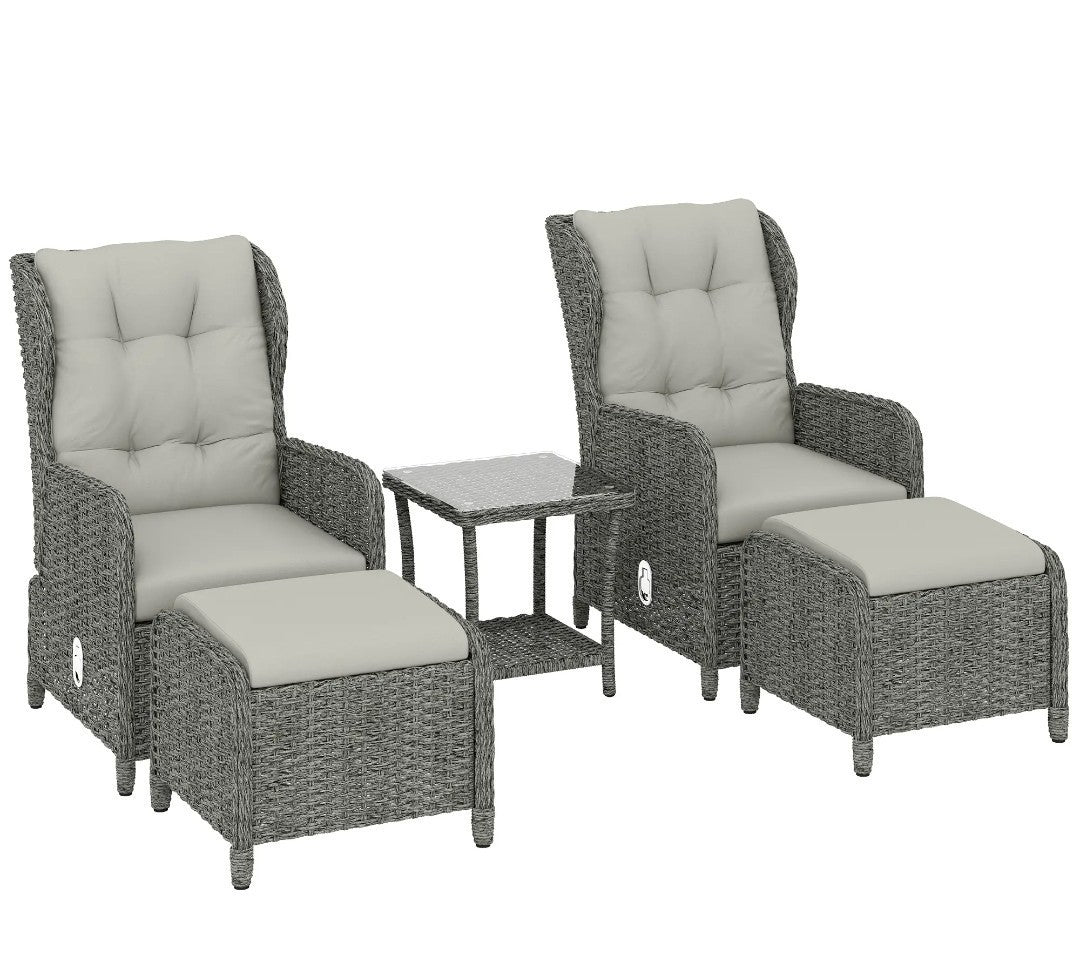 5-Piece Rattan Garden Set | Reclining Chairs, Footstools & Cushions, Grey