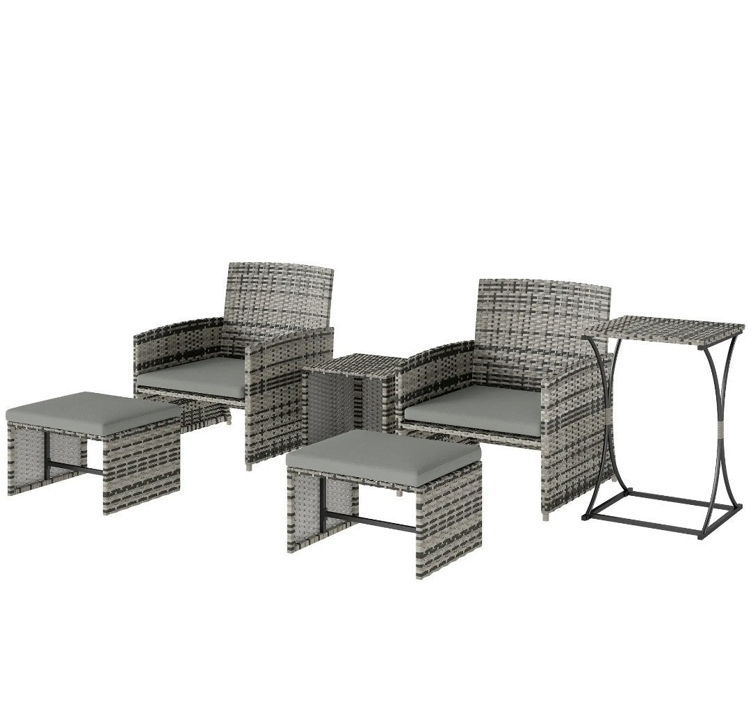 6-Piece Space-Saving Rattan Patio Furniture Set | Grey Cushions