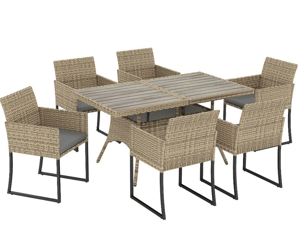 7-Piece Rattan Garden Dining Set – Light Brown | 6-Seater with Wood-Plastic Table & Cushions
