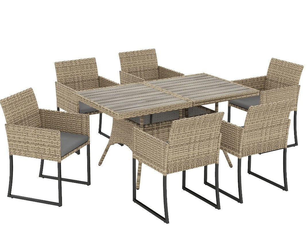 7-Piece Rattan Garden Dining Set – Light Brown | 6-Seater with Wood-Plastic Table & Cushions