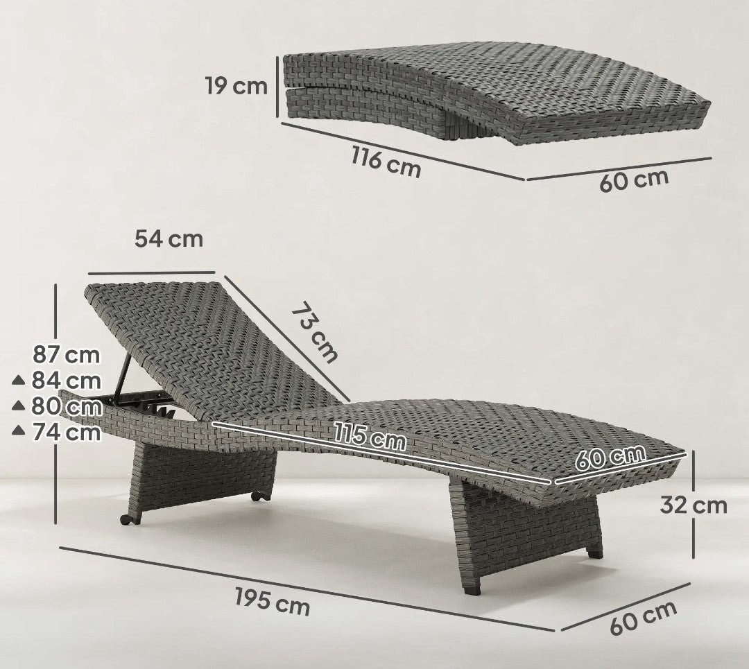 PE Rattan Sun Lounger – Mixed Grey | 4-Level Adjustable Recliner