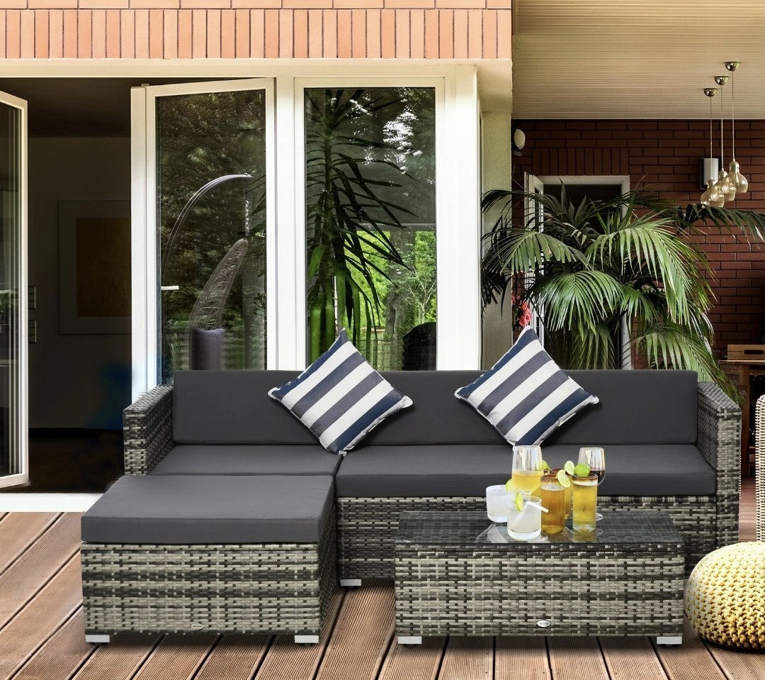 4-Seater Rattan Garden Sofa Set | Wicker Sectional with Cushions, Grey