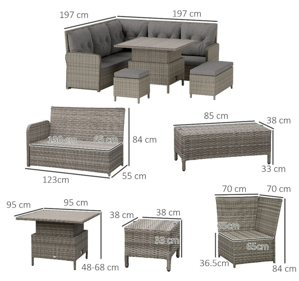 7-Seater Rattan Garden Furniture Set | 6-Piece Patio Sofa Set with Liftable Coffee Table – Light Grey