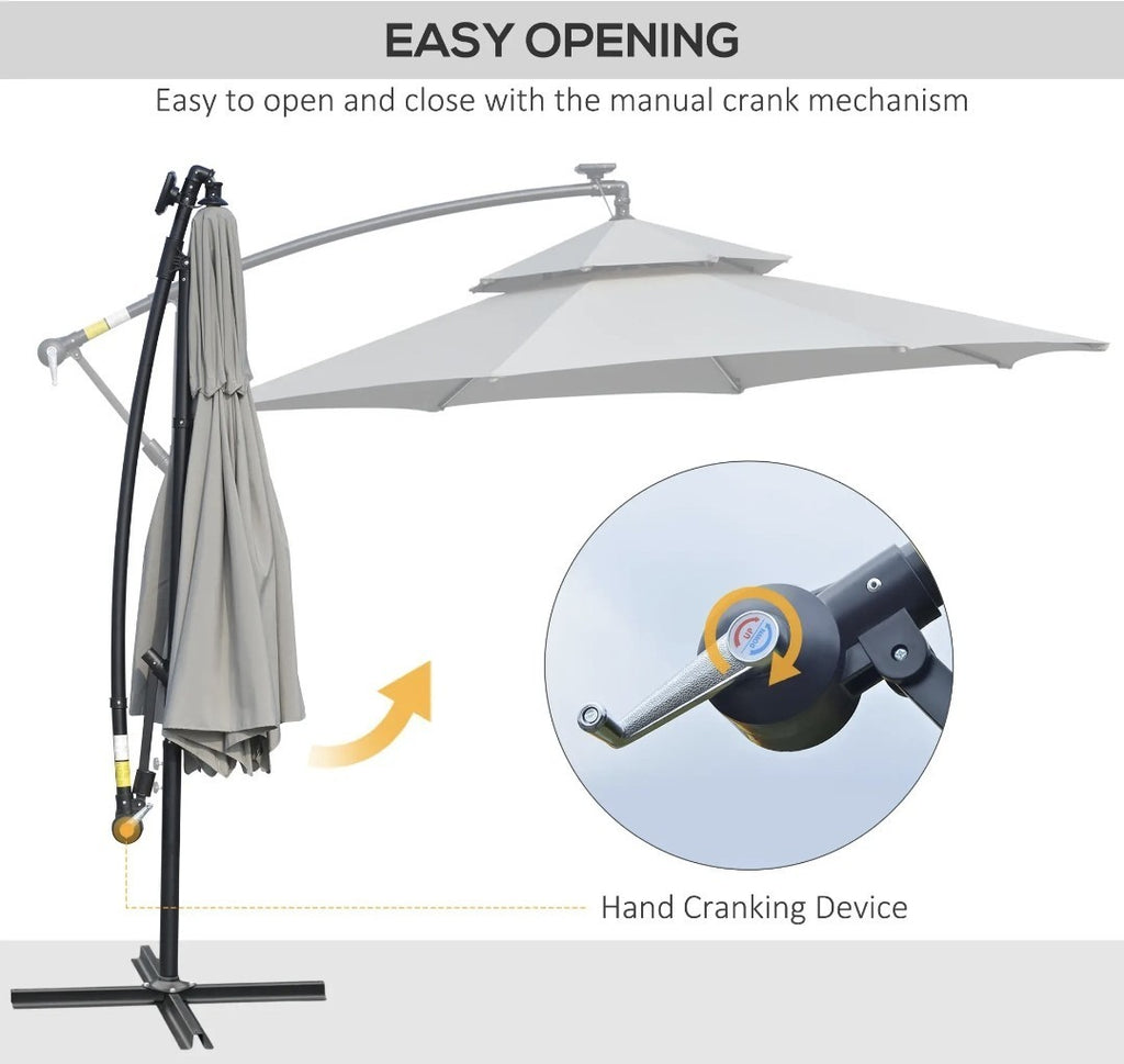 3m Cantilever Garden Parasol with Double Roof & LED Solar Lights – Black