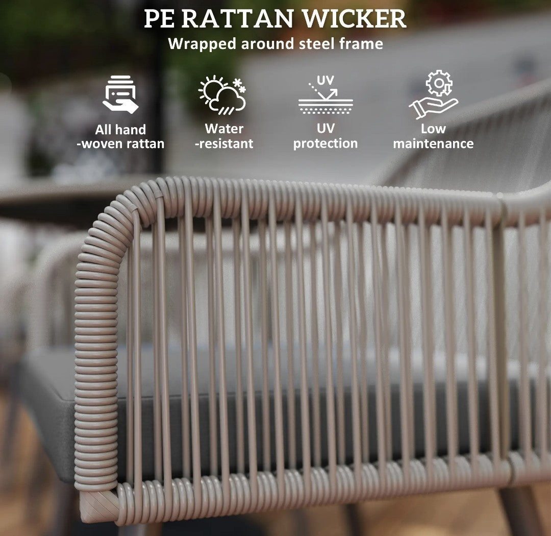 4-Seater Rattan Dining Set – Light Brown | Round Glass Table with Parasol Hole & Cushions