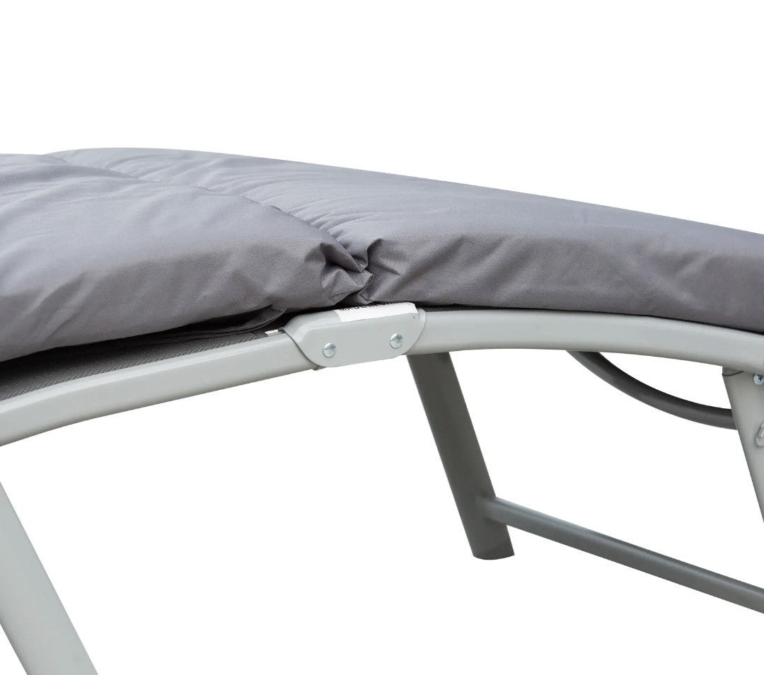 Steel Frame Padded Garden Sun Lounger with Pillow – Grey | 7-Position Recliner
