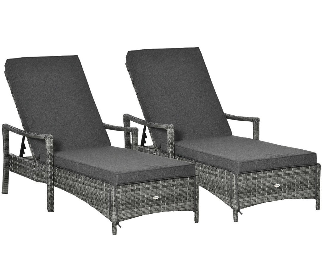 Rattan Sun Lounger Set for 2 – Mixed Grey with Cushions | 4-Position Recliner