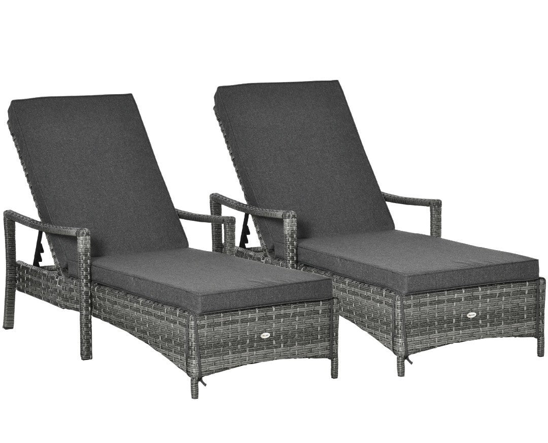 Rattan Sun Lounger Set for 2 – Mixed Grey with Cushions | 4-Position Recliner